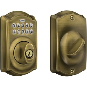 image:imageSchlage Camelot Electronic Keypad Deadbolt Lock Keyless Front Door Entry Mechanical Key Backup Included Satin Nickel BE365 V CAM 619Antique Brass