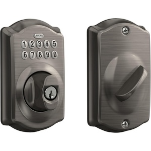 image:imageSchlage Camelot Electronic Keypad Deadbolt Lock Keyless Front Door Entry Mechanical Key Backup Included Satin Nickel BE365 V CAM 619Antique Pewter