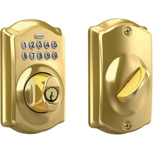 image:imageSchlage Camelot Electronic Keypad Deadbolt Lock Keyless Front Door Entry Mechanical Key Backup Included Satin Nickel BE365 V CAM 619Bright Brass
