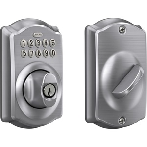 image:imageSchlage Camelot Electronic Keypad Deadbolt Lock Keyless Front Door Entry Mechanical Key Backup Included Satin Nickel BE365 V CAM 619Satin Chrome