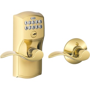 image:imageSchlage Camelot Keypad Lock with Lever Handle Electronic Keyless Door Entry AutoLock Enabled Antique Brass FE575 CAM 609 ACCBright Brass