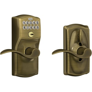image:imageSchlage Camelot Keypad Lock with Lever Handle Electronic Keyless Door Entry Flex Lock AutoLock Option Satin Nickel FE595 CAM 619 ACCAntique Brass