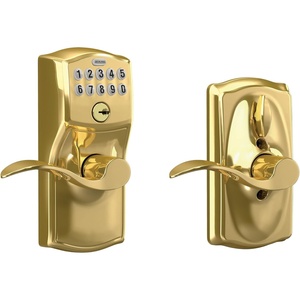 image:imageSchlage Camelot Keypad Lock with Lever Handle Electronic Keyless Door Entry Flex Lock AutoLock Option Satin Nickel FE595 CAM 619 ACCBright Brass
