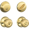image:imageSCHLAGE Satin Nickel FB50N V GEO 619 B60 Single Cylinder Deadbolt and F51 Entry Georgian Knob Keyed Alike Finish Security SetBright Brass