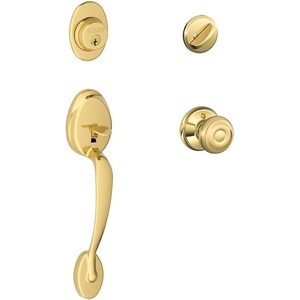 image:imagePlymouth Single Cylinder Handleset and Georgian Knob Bright Brass F60 PLY 505 GEO 605Bright Brass