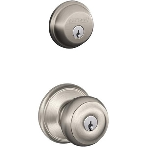 image:imageSCHLAGE Satin Nickel FB50N V GEO 619 B60 Single Cylinder Deadbolt and F51 Entry Georgian Knob Keyed Alike Finish Security SetSatin Nickel