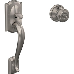 image:imageSchlage FE285 CAM 619 GEO Camelot Front Entry Handleset with Georgian Knob Lower Half Grip Satin Nickel