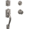 image:imageSchlage F60 V CAM 619 GEO Camelot Front Entry Handleset with Georgian Knob Deadbolt Keyed 1 Side Satin Nickel