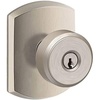 image:imageSchlage Residential F51ABWE619GRW Bowery Knob with Greenwich Rose Keyed Entry Lock C Keyway with 16211 Latch and 10063 Strike Satin Nickel Finish