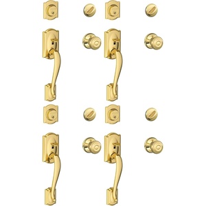 image:imageSCHLAGE Camelot Single Cylinder Handleset and Georgian Knob Bright Brass F60 CAM 605 GEO Pack of 4Pack of 4