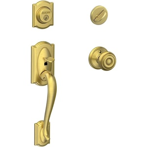 image:imageSCHLAGE Camelot Single Cylinder Handleset and Georgian Knob Satin Brass F60 CAM 608 GEOStandard Interior Trim