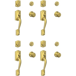 image:imageSCHLAGE Camelot Single Cylinder Handleset and Georgian Knob Satin Brass F60 CAM 608 GEOStandard Interior Trim Pack of 4