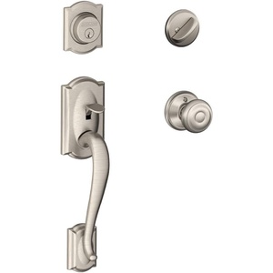 image:imageSCHLAGE Camelot Single Cylinder Handleset and Georgian Knob Satin Nickel F60 CAM 619 GEOStandard Interior Trim