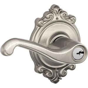 image:imageSchlage F51AFLA619BRK Satin Nickel Flair Keyed Entry F51A Panic Proof Door Lever with Brookshire Rosette