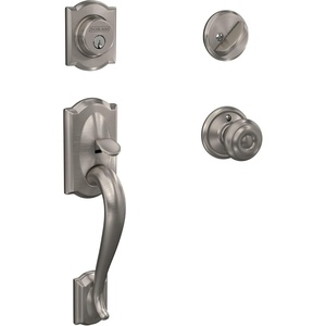 image:imageSchlage F60 V CAM 619 GEO Camelot Front Entry Handleset with Georgian Knob Deadbolt Keyed 1 Side Satin Nickel