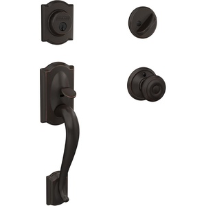 image:imageSchlage F60 V CAM 716 GEO Camelot Front Entry Handleset with Georgian Knob Deadbolt Keyed 1 Side Aged Bronze