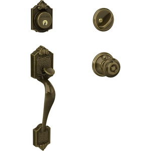 image:imageSchlage F60 V PAR 609 GEO Parthenon Front Entry Handleset with Georgian Knob Deadbolt Keyed 1 Side Antique Brass