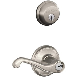 image:imageSchlage FB50N V FLA 619 B60 Single Cylinder Deadbolt and F51 Keyed Entry Flair Lever Keyed Alike Satin Nickel finishSecurity SetFlair