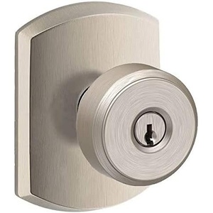 image:imageSchlage Residential F51ABWE619GRW Bowery Knob with Greenwich Rose Keyed Entry Lock C Keyway with 16211 Latch and 10063 Strike Satin Nickel Finish