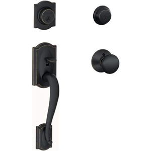 image:imageSchlage Residential F62CAM716PLY Camelot with Plymouth Knob Double Cylinder Handleset and Trim C Keyway with 12326 Latch and Round Corner Strikes Aged Bronze Finish