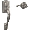image:imageSchlage FE285 CAM 619 FLA LH Camelot Front Entry Handleset with LeftHanded Flair Lever Lower Half Grip Satin NickelSatin Nickel