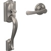 image:imageSchlage FE285 CAM 619 FLA LH Camelot Front Entry Handleset with LeftHanded Flair Lever Lower Half Grip Satin NickelSatin Nickel