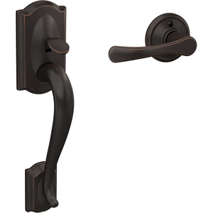 image:imageSchlage FE285 CAM 619 FLA LH Camelot Front Entry Handleset with LeftHanded Flair Lever Lower Half Grip Satin NickelAged Bronze