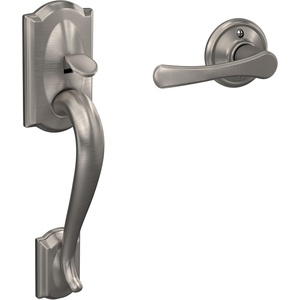 image:imageSchlage FE285 CAM 619 FLA LH Camelot Front Entry Handleset with LeftHanded Flair Lever Lower Half Grip Satin NickelSatin Nickel