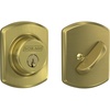 image:imageSchlage Greenwich Single Cylinder Front Door Deadbolt Satin Brass  Single cylinder deadbolt with keyed outside amp thumbturn inside Universal fit Highest residential security amp durability