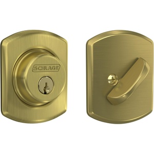 image:imageSchlage Greenwich Single Cylinder Front Door Deadbolt Satin Brass  Single cylinder deadbolt with keyed outside amp thumbturn inside Universal fit Highest residential security amp durability