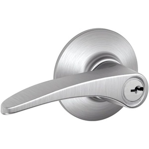 image:imageSchlage Manhattan Keyed Entry Door Handle Reversible Satin Chrome  Keyed entry lever door handle with turnbutton lock Easy to install Certified security amp durability Universal fit 2 keys